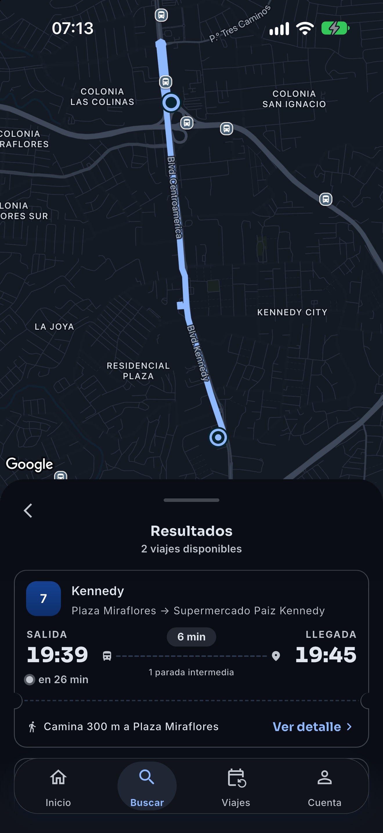 Resultados de búsqueda de viajes en Wave, con salidas, llegadas, duración y paradas intermedias.