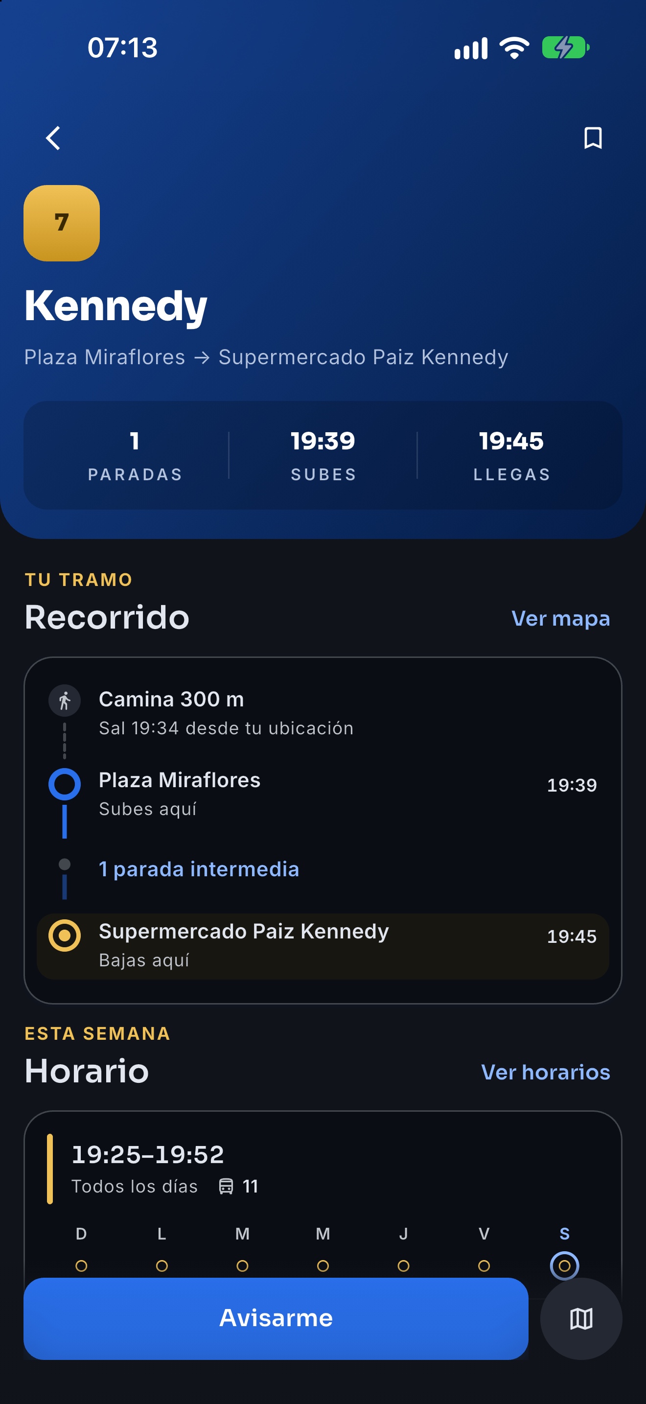 Detalle de un viaje en Wave con la caminata a la parada en minutos, la hora en cada parada y el horario de la semana.