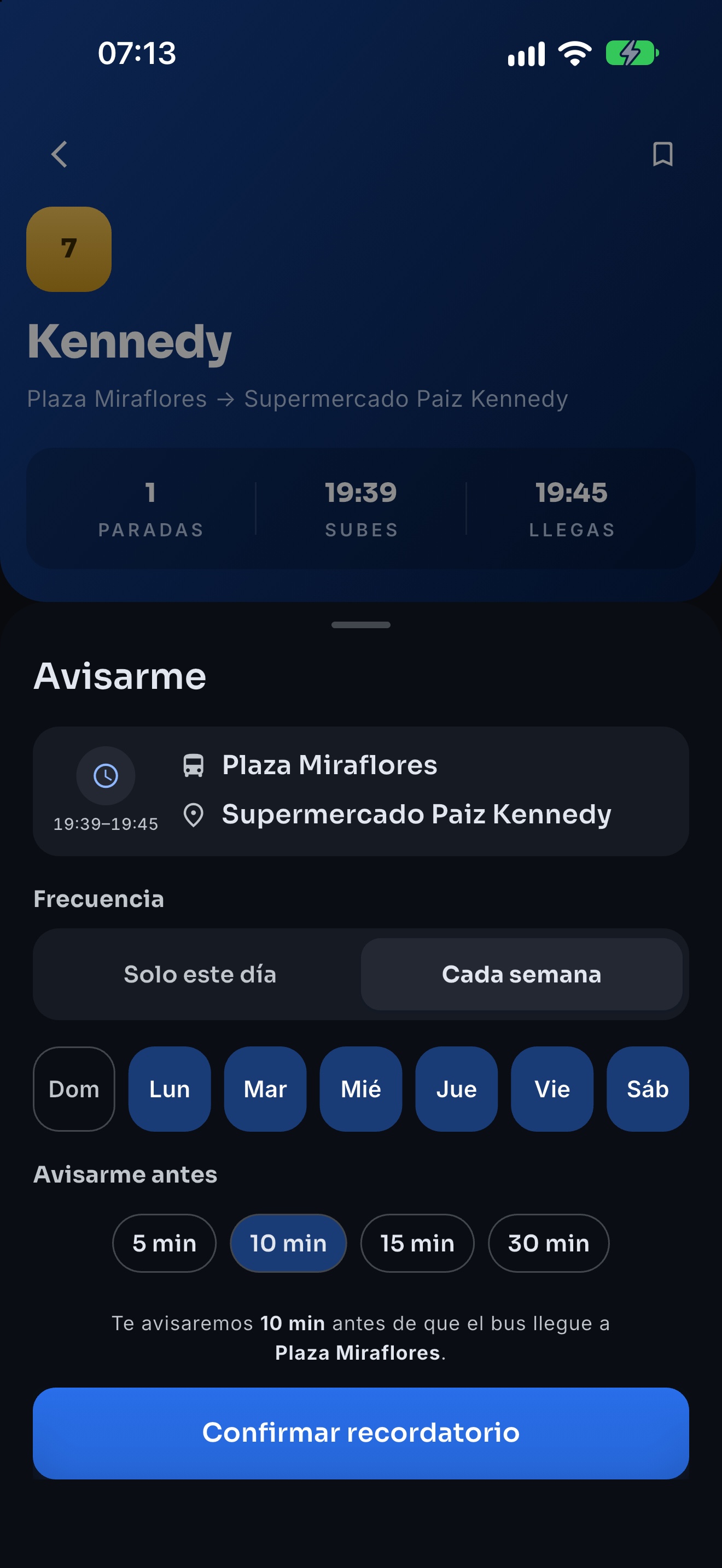 Hoja de recordatorio semanal de Wave con los días de la semana y el selector de anticipación.