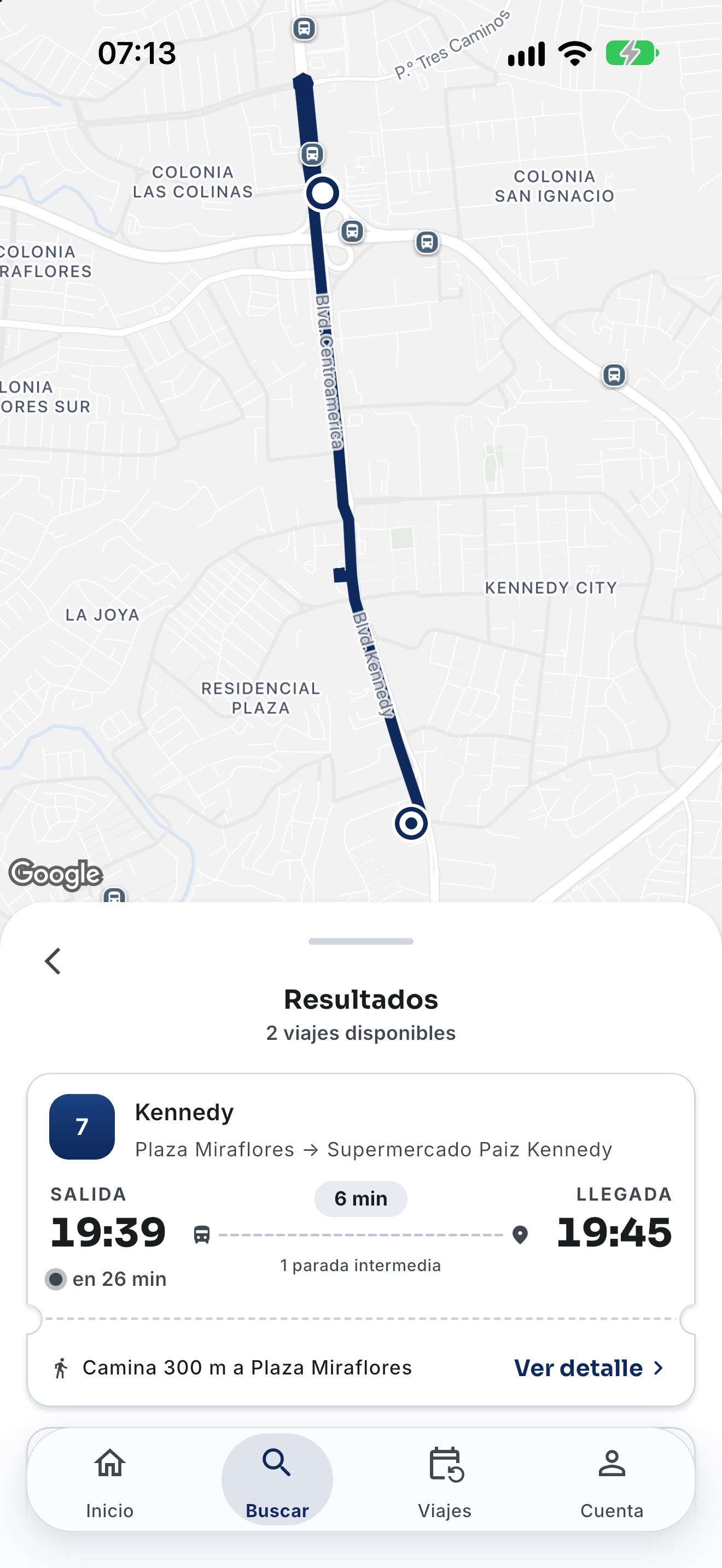 Resultados de búsqueda de viajes en Wave, con salidas, llegadas, duración y paradas intermedias.