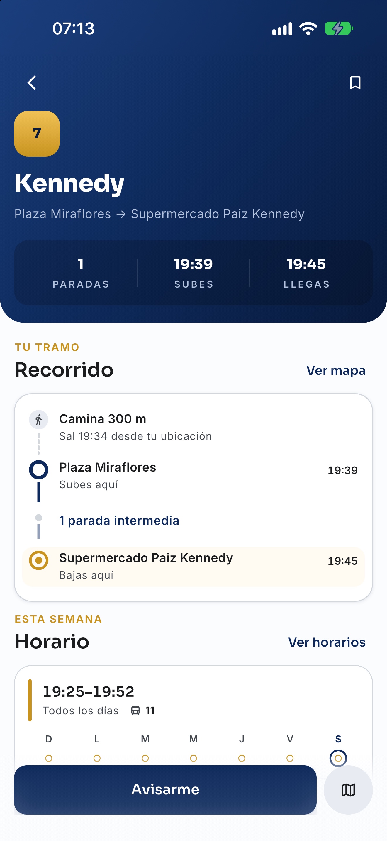 Detalle de un viaje en Wave con la caminata a la parada en minutos, la hora en cada parada y el horario de la semana.
