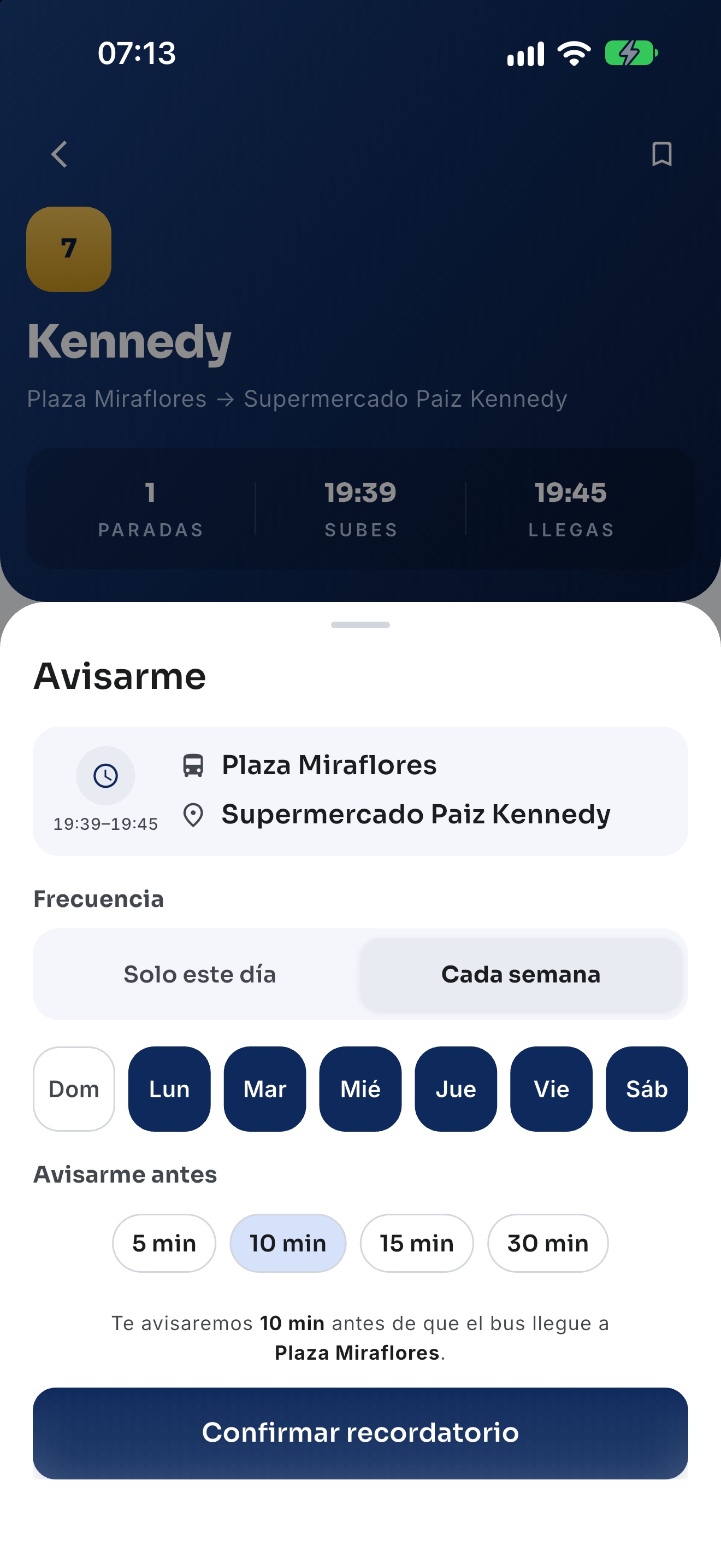 Hoja de recordatorio semanal de Wave con los días de la semana y el selector de anticipación.